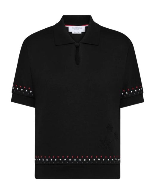 Thom Browne Black Snowflake-Embroidery Polo Top