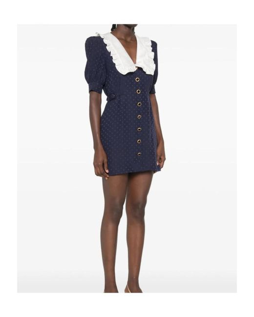 Alessandra Rich Blue Star-Jacquard Ruffled-Collar Mini Dress