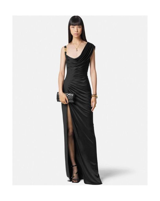 Versace Black Medusa Head Logo Plaque Side-Slit Maxi Dress