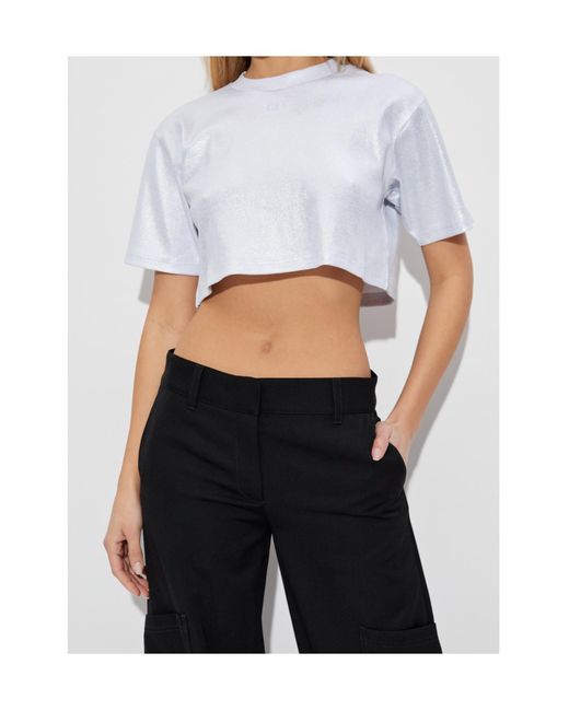Off-White c/o Virgil Abloh White Logo Embroidered Metallic Cropped Top