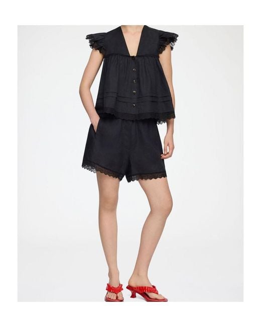 Ganni Black Lace-Trim V-Neck Linen Top