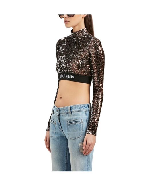 Palm Angels Black Sequin Embellished Cropped Top