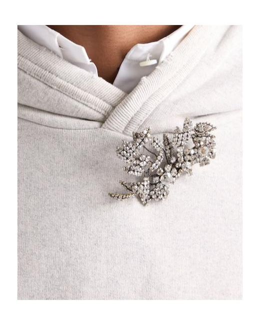 Prada White Cotton Fleece Hoodie With Jewel Brooch