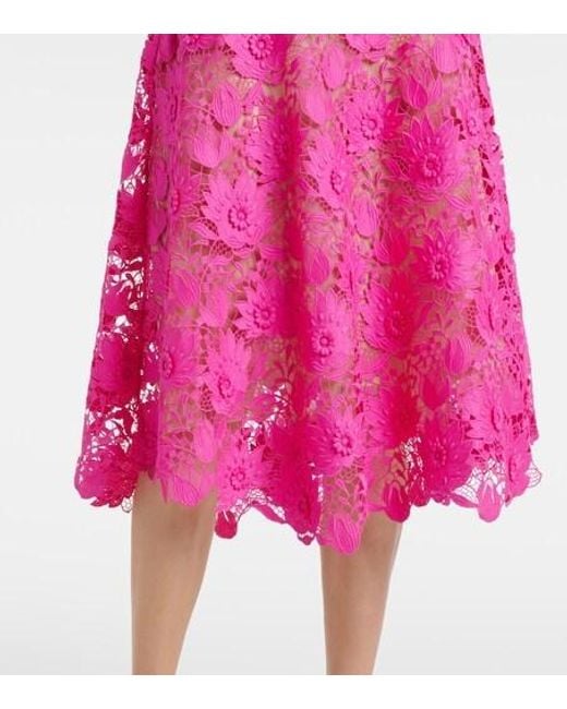 Oscar de la Renta Pink Floral Lace Midi Dress