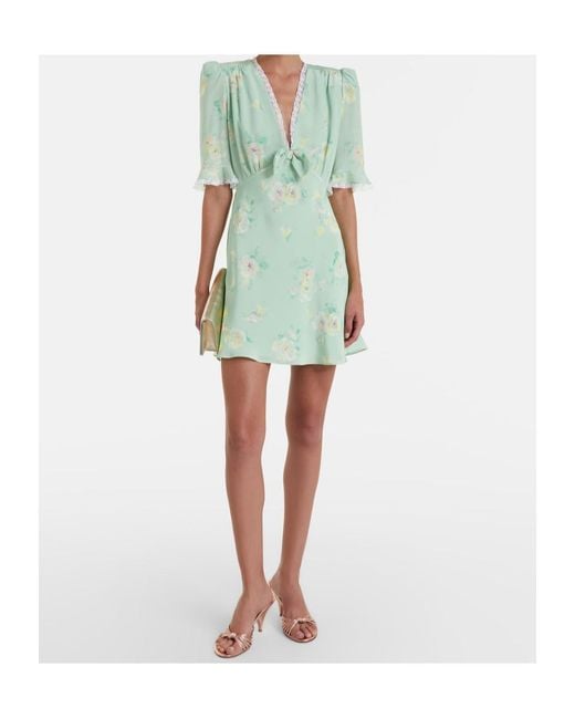 Alessandra Rich Green Lace-Trimmed Floral Silk Minidress