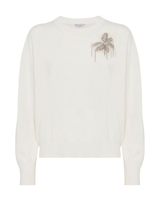 Brunello Cucinelli White Embellished Knit Jumper