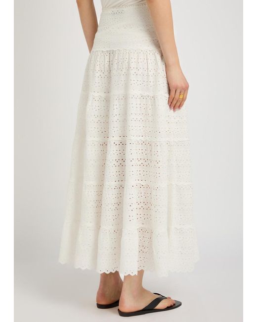 Rixo White Embroidered Cotton Midi Skirt