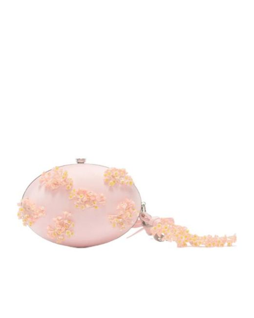 Self-Portrait Pink Satin Floral Beaded Oval Clutch