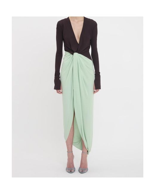 Victoria Beckham Green Long-Sleeved Knot Dress
