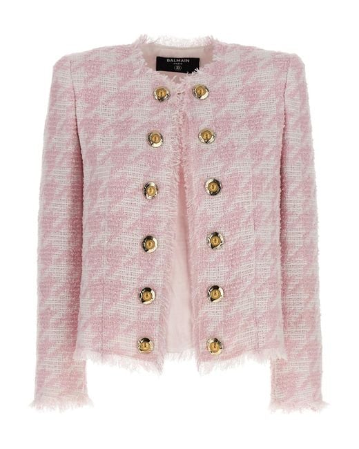 Balmain Women's Pink Tweed Frayed-Edge Blazer