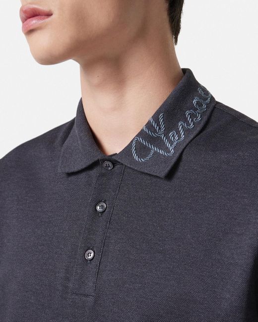 Versace Blue Logo-Embroidered Cotton Polo Shirt for men