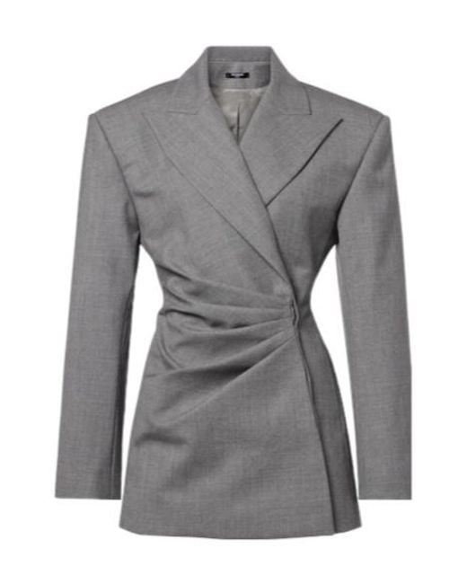 Balmain Gray Draped Virgin Wool Blazer Dress