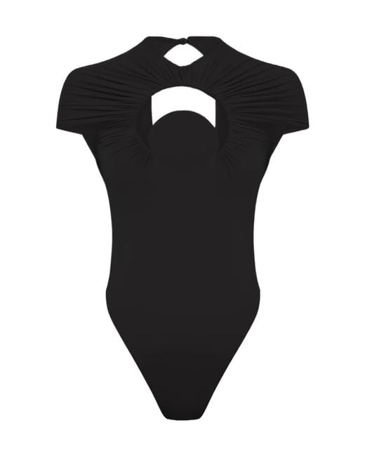 MARINE SERRE Black Short-Sleeved Knitted One-Piece Swimsuit