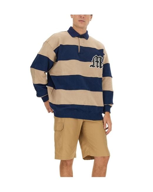 MSGM Blue Logo-Patch Striped Long Sleeved Polo Sweatshirt for men