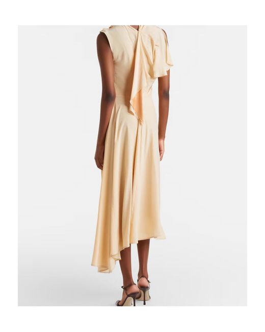 Victoria Beckham Natural Asymmetric Smocked Silk Cocktail Dress