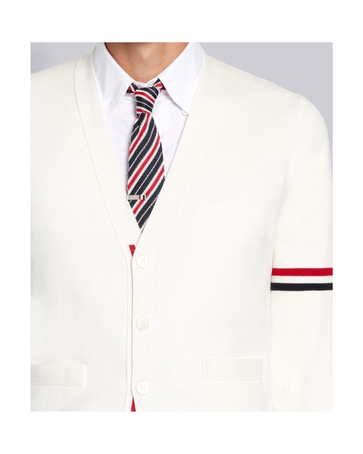 Thom Browne White Tricolour 4-Bar V-Neck Cardigan for men