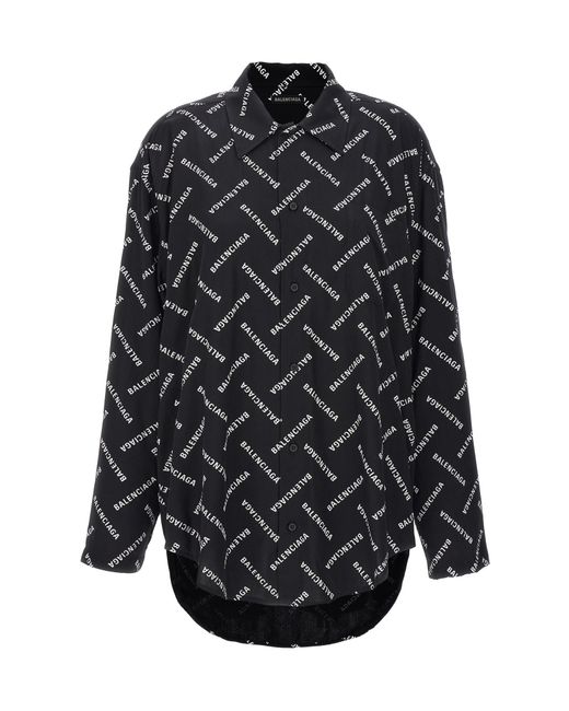 Balenciaga Black All-Over Logo Collared Long-Sleeve Shirt