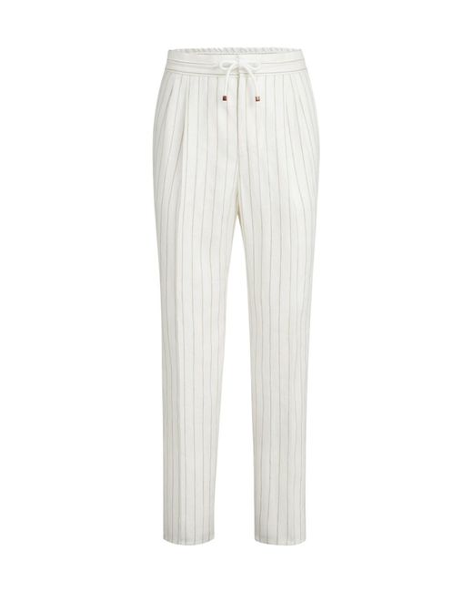 Brunello Cucinelli White Stripe Drawstring Pleated Trousers for men