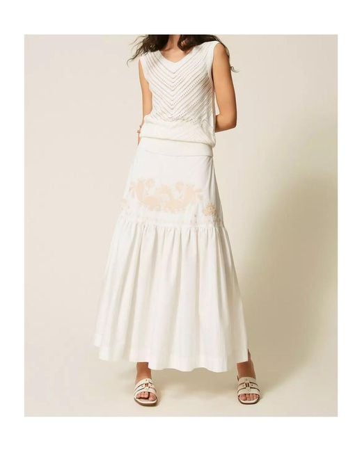 Twinset White Floral-Embroidered Tiered Skirt