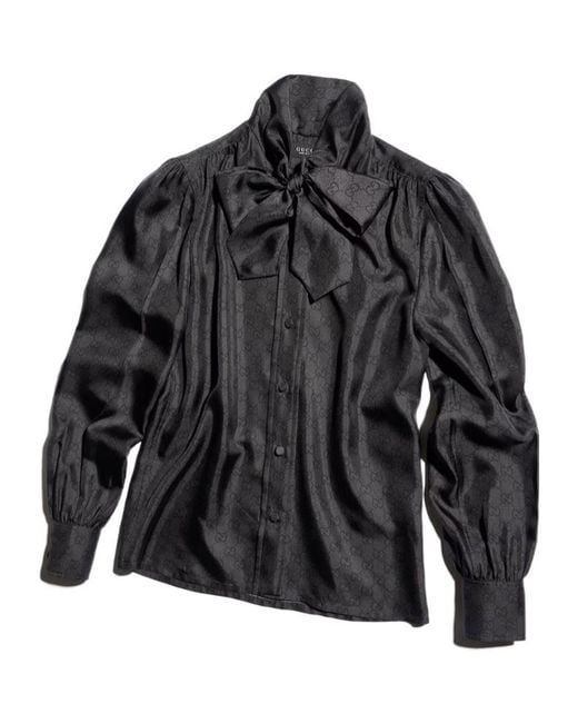 Gucci Black Printed Silk Twill Shirt With Bow