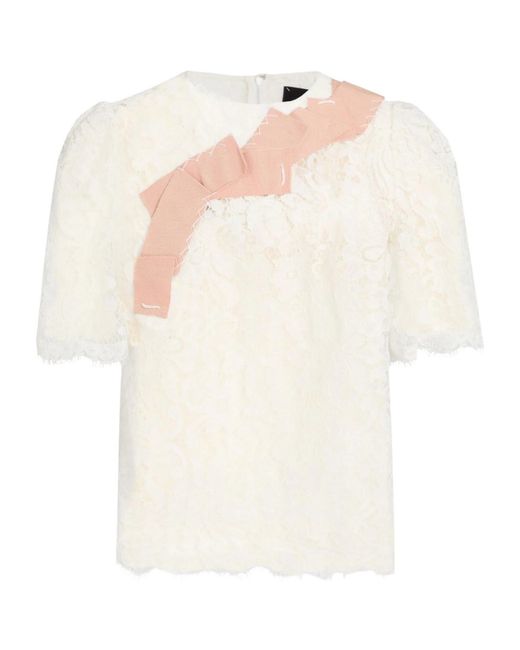Dolce & Gabbana White Solid-Color Short-Sleeve Lace Top