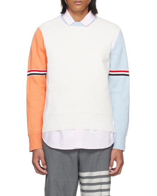 Thom Browne White Color-Block Crewneck Sweater for men