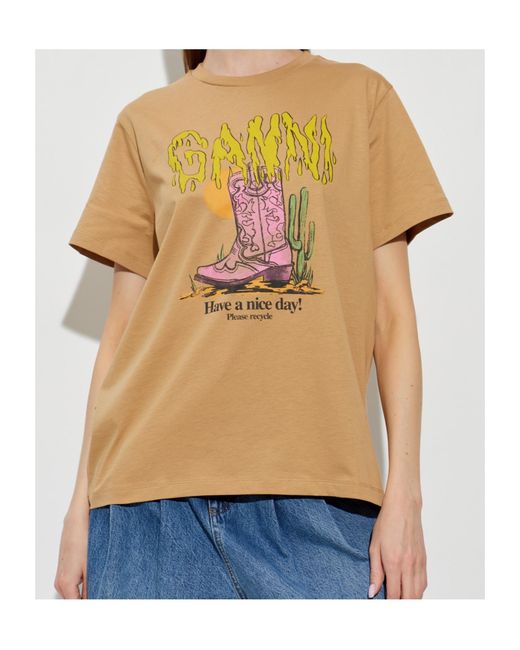 Ganni Natural Graphic Printed Crewneck T-Shirt