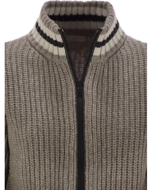 Brunello Cucinelli Brown Cashmere Cardigan With Shiny Trims