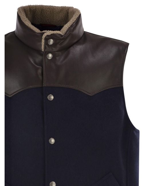 Brunello Cucinelli Blue Shearling-Collar Gilet for men