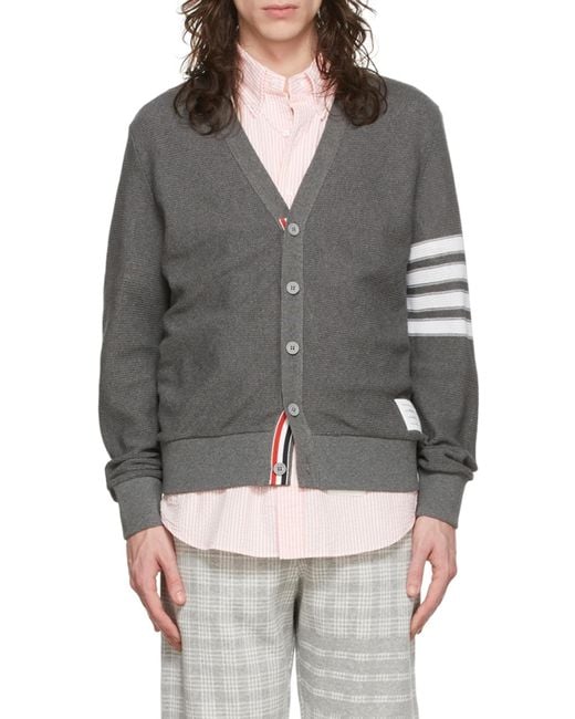 Thom Browne Gray Striped V-Neck Cardigan for men