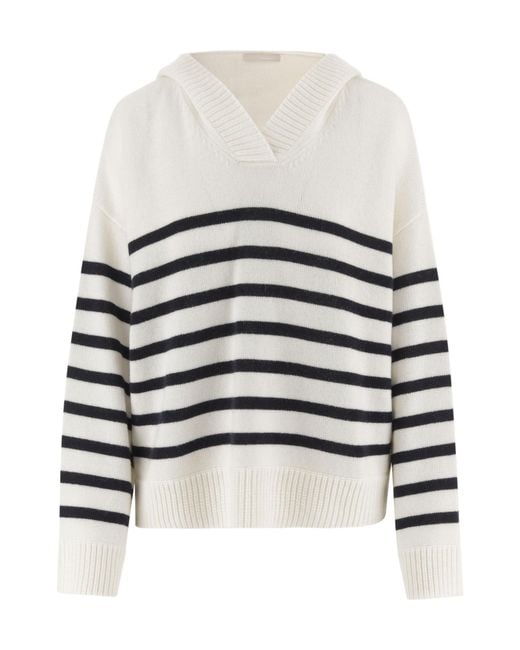 Allude White Striped Hooded Sweater