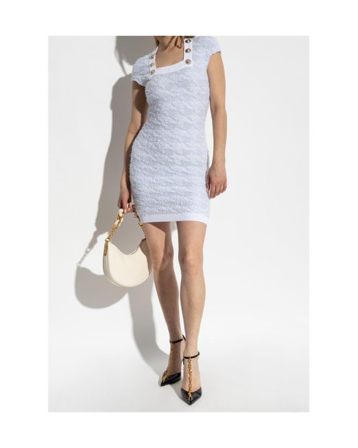 Balmain Button Detailed Square-Neck Mini Dress in Blue | Lyst