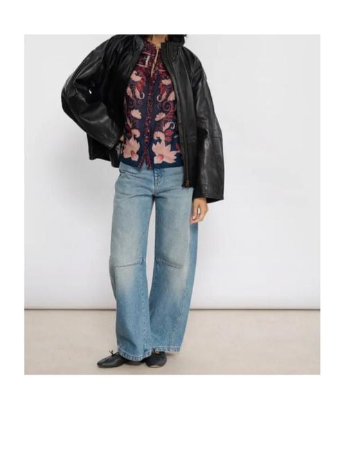 Soeur Blue Stand-Collar Leather Jacket