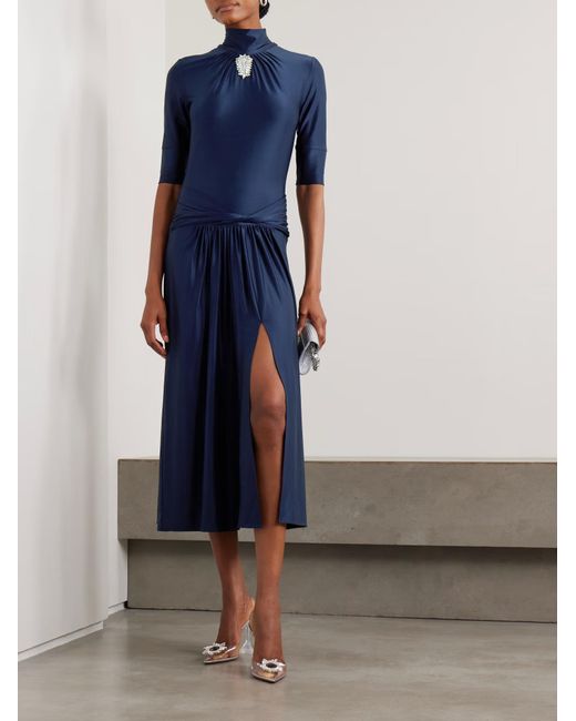 Rabanne Blue Crystal-Embellished Pleated Dress