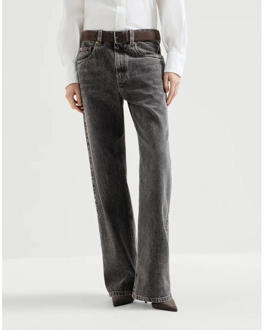 Brunello Cucinelli Gray Authentic Denim Contemporary Loose Trousers With Monili
