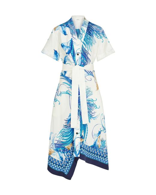 Ferragamo Blue Feather Show Print Asymmetric Midi Dress