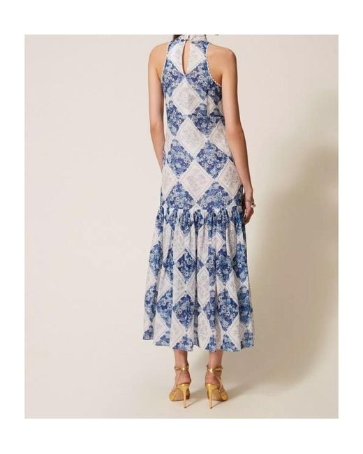 Twinset Blue Floral Print Long Ramie Dress