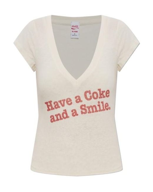 Re/done Gray X Coca Cola Slogan-Print V-Neck T-Shirt