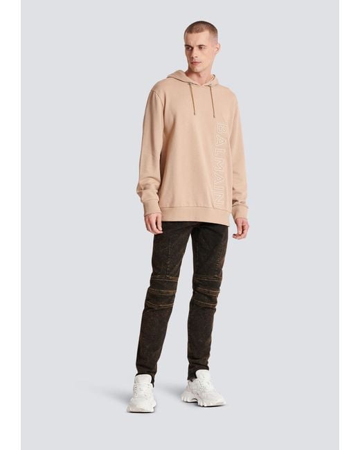 Balmain Natural Logo Embossed Drawstring Hoodie for men