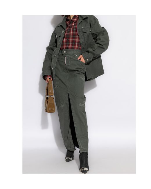 DSquared² Green Slit-Detailed Distressed Maxi Skirt