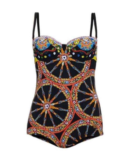 Dolce & Gabbana Black Carretto-Print Balconette One-Piece Swimsuit