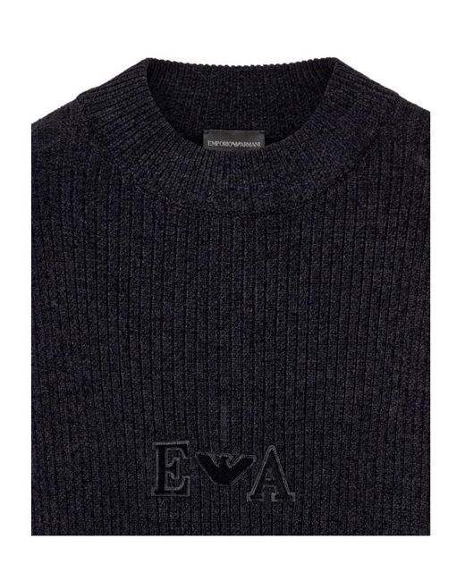 Emporio Armani Blue Ribbed Chenille Sweater With Signature Capsule Logo for men