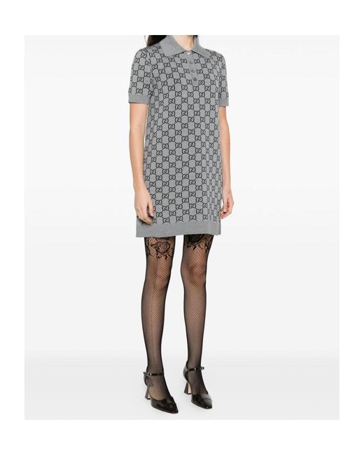 Gucci Gray Allover Gg Patterned Short-Sleeved Polo Dress