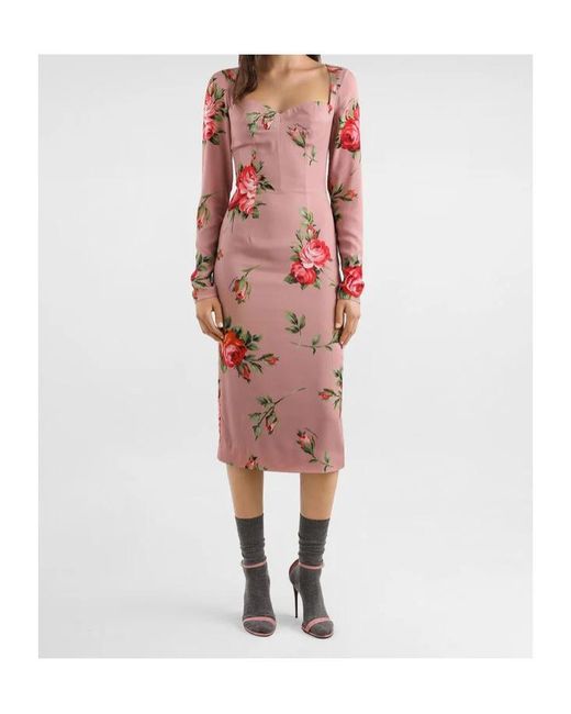 Dolce & Gabbana Pink Long-Sleeved Floral-Print Midi Dress
