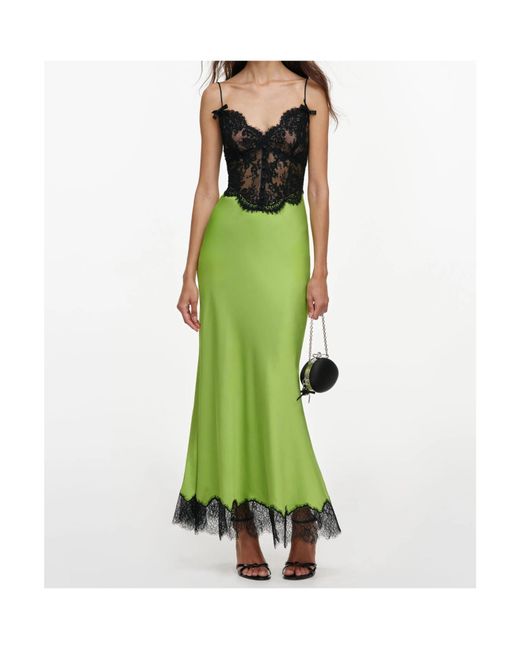 Self-Portrait Green Satin Lace Midi Dress