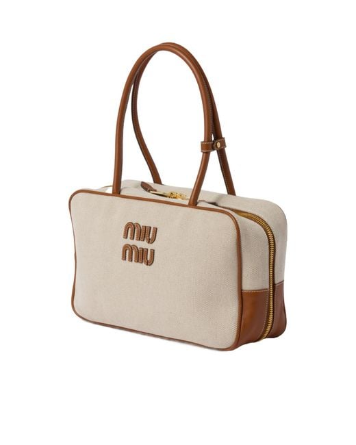 Miu Miu Natural Beau Canvas And Leather Bag