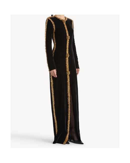 Balmain Black Long Velvet Dress With Embroidered Trim