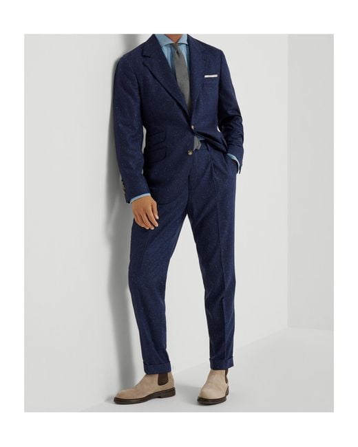 Brunello Cucinelli Blue Pleated-Front Speckled-Pattern Trousers for men