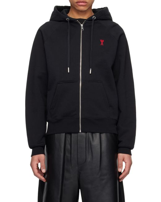 AMI Black Ami De Coeur Logo Embroidered Zip-Up Hoodie for men