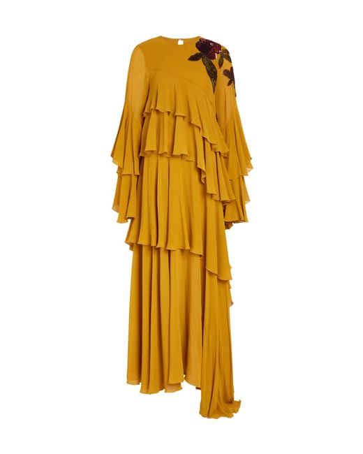 LaDoubleJ Yellow Naiad Ruffled Embellished Silk-Georgette Maxi Dress